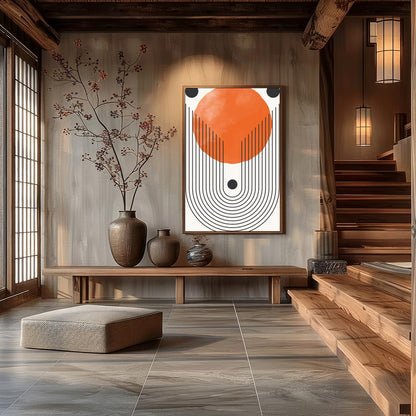 This bold artwork draws the eye with its striking geometric design and vibrant orange hue. The for Hall