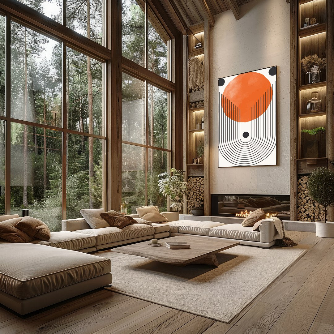 This bold artwork draws the eye with its striking geometric design and vibrant orange hue. The for Living Room