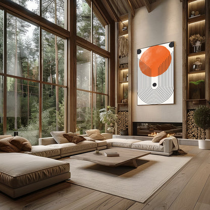 This bold artwork draws the eye with its striking geometric design and vibrant orange hue. The for Living Room
