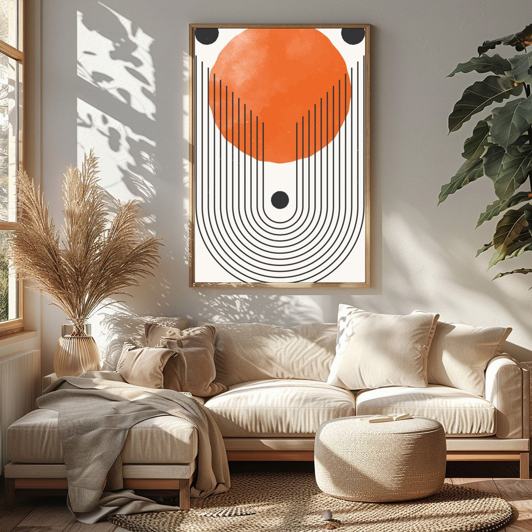 This bold artwork draws the eye with its striking geometric design and vibrant orange hue. The for Sitting Area