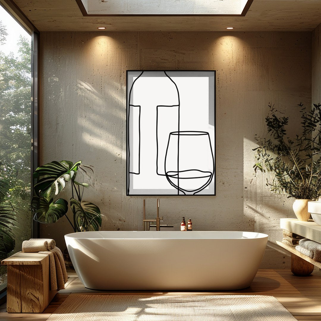 Elegantly minimalist, this artwork captures the sophistication of wine with a single continuous for Bathroom