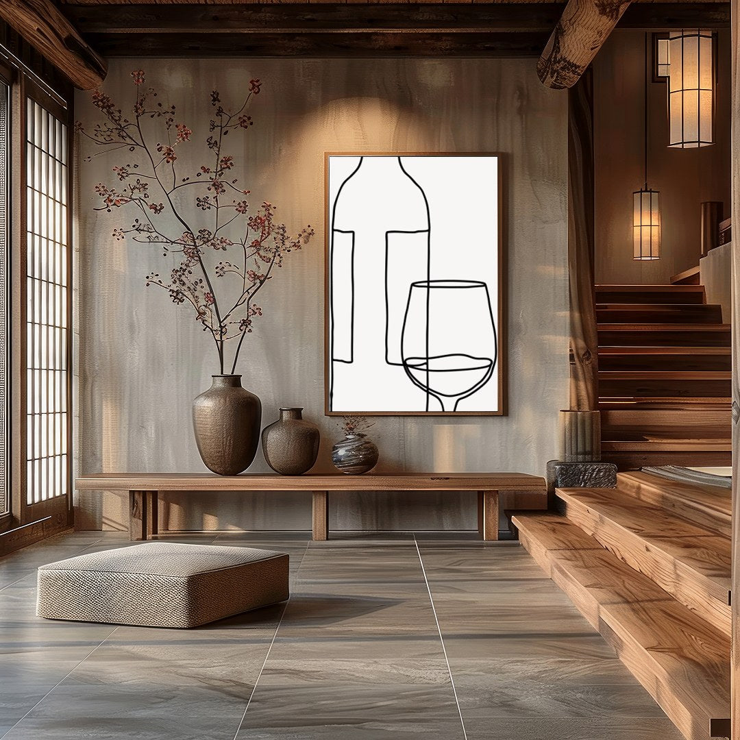 Elegantly minimalist, this artwork captures the sophistication of wine with a single continuous for Hall