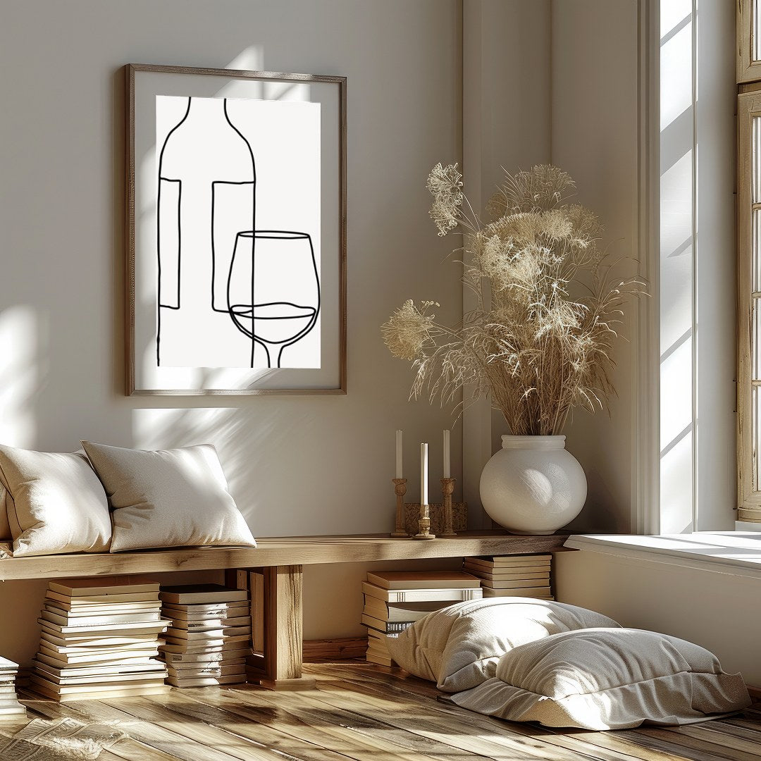 Elegantly minimalist, this artwork captures the sophistication of wine with a single continuous for interior