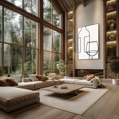 Elegantly minimalist, this artwork captures the sophistication of wine with a single continuous for Living Room