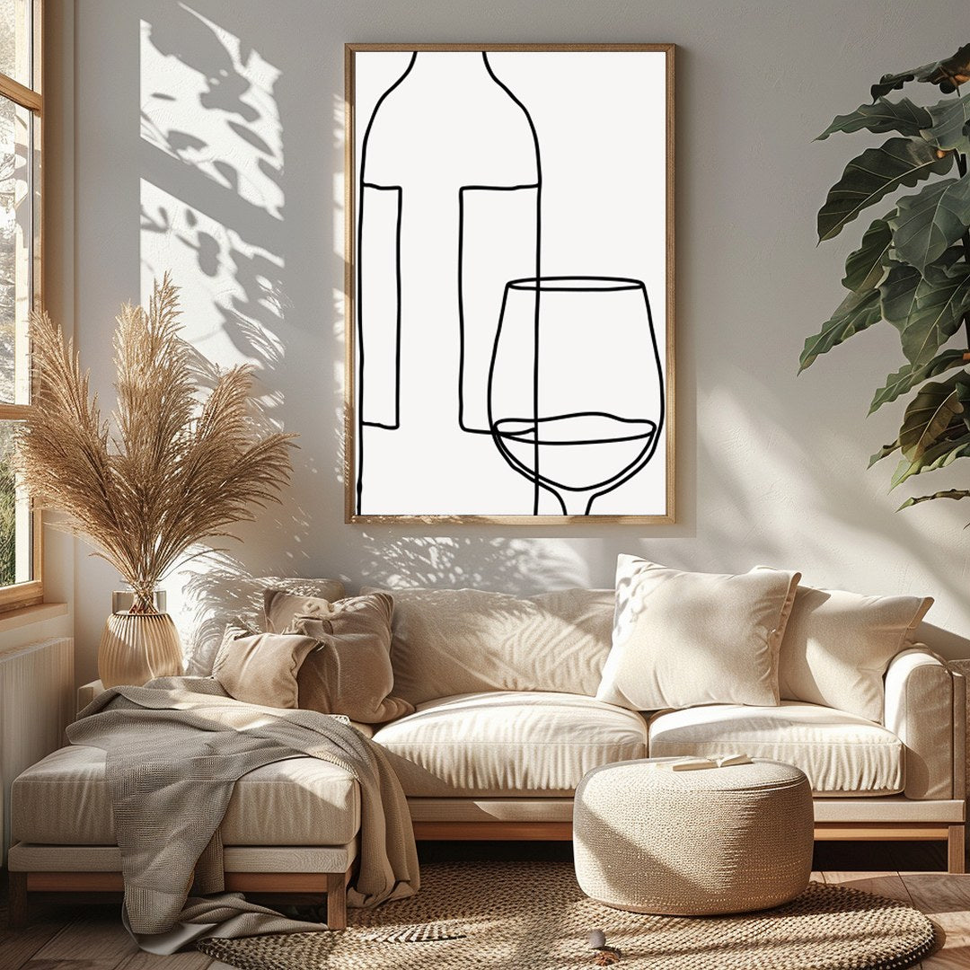 Elegantly minimalist, this artwork captures the sophistication of wine with a single continuous for Sitting Area