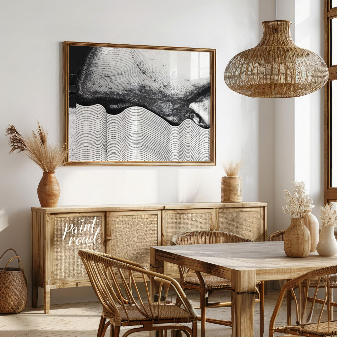 """Contour Anomaly"" presents a striking abstract composition featuring a blend of textured surface… for dining room
