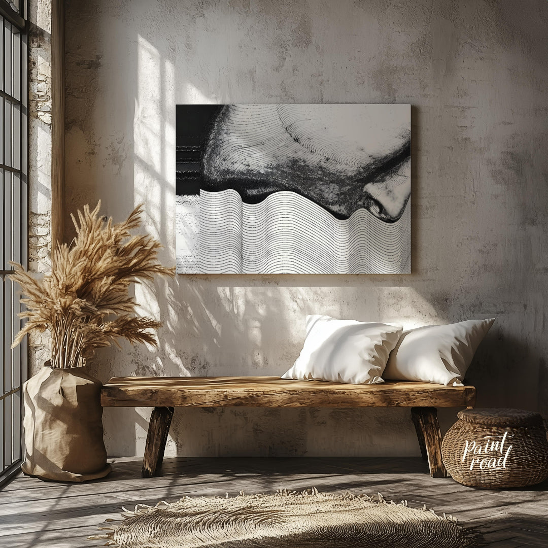 """Contour Anomaly"" presents a striking abstract composition featuring a blend of textured surface… for entryway