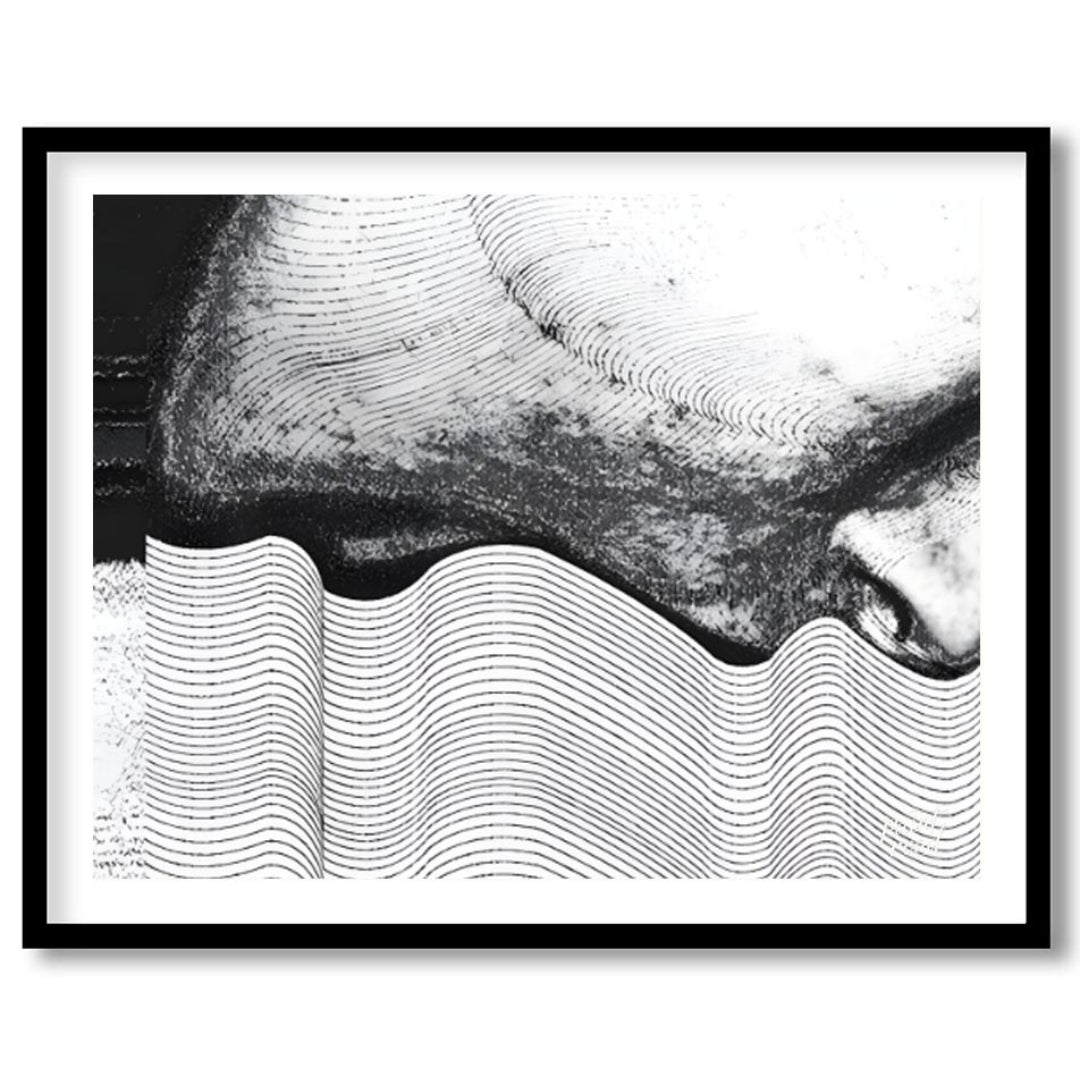 """Contour Anomaly"" presents a striking abstract composition featuring a blend of textured surface… for place