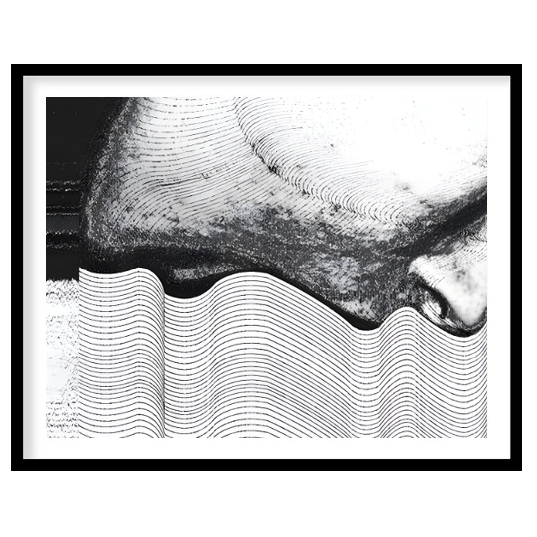 """Contour Anomaly"" presents a striking abstract composition featuring a blend of textured surface… for place