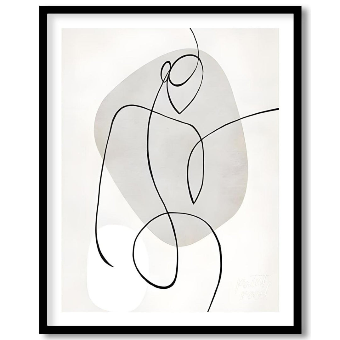 This minimalist artwork features a single, continuous line forming a stylized figure against a back… for home