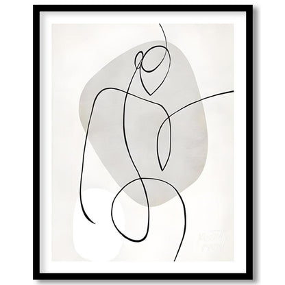 This minimalist artwork features a single, continuous line forming a stylized figure against a back… for home