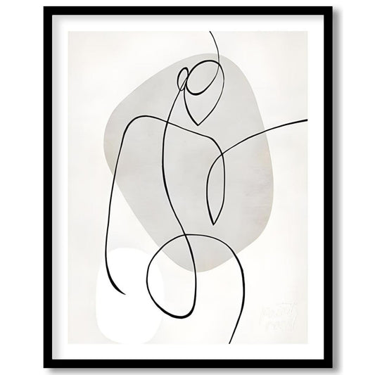 This minimalist artwork features a single, continuous line forming a stylized figure against a back… for home