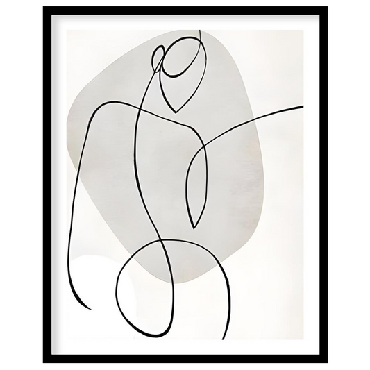 This minimalist artwork features a single, continuous line forming a stylized figure against a back… for home