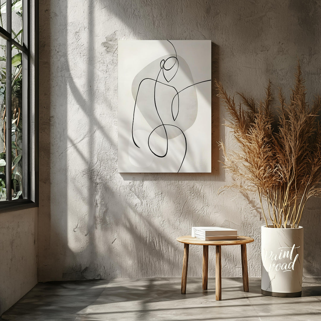 This minimalist artwork features a single, continuous line forming a stylized figure against a back… for living room