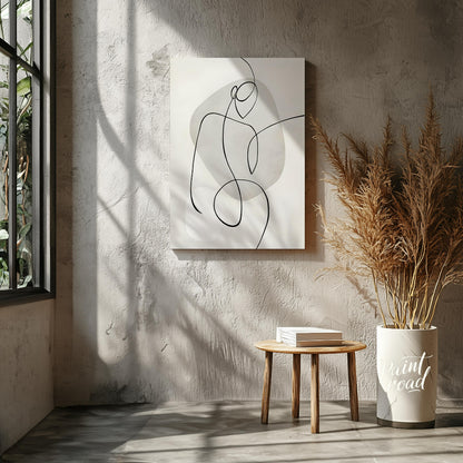 This minimalist artwork features a single, continuous line forming a stylized figure against a back… for living room