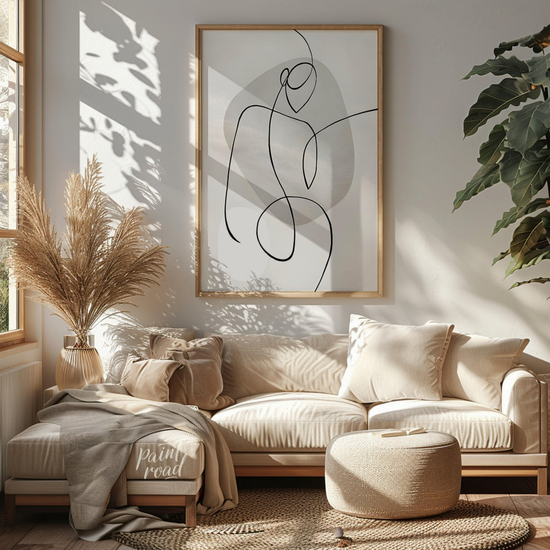 This minimalist artwork features a single, continuous line forming a stylized figure against a back… for living room