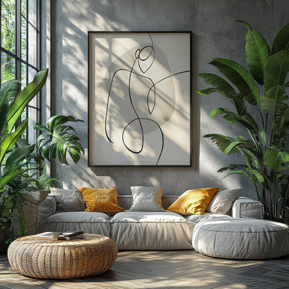 This minimalist artwork features a single, continuous line forming a stylized figure against a back… for living room