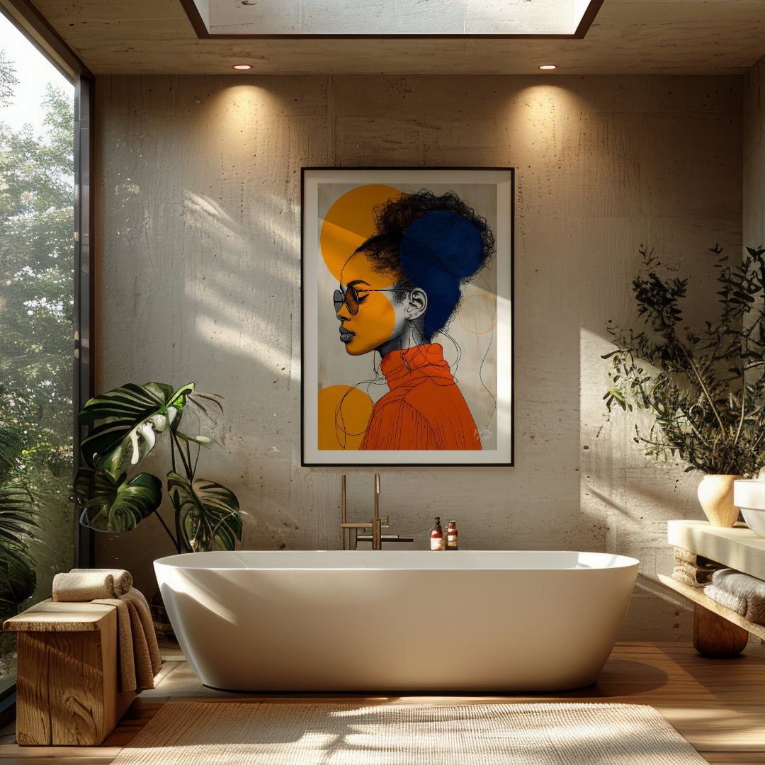 This visually striking digital illustration combines bold geometric shapes and intricate line work … for bathroom
