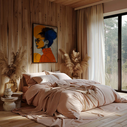 This visually striking digital illustration combines bold geometric shapes and intricate line work … for bedroom