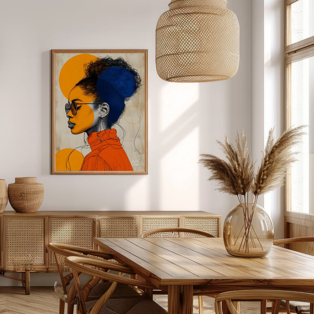 This visually striking digital illustration combines bold geometric shapes and intricate line work … for dining room