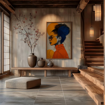 This visually striking digital illustration combines bold geometric shapes and intricate line work … for entryway