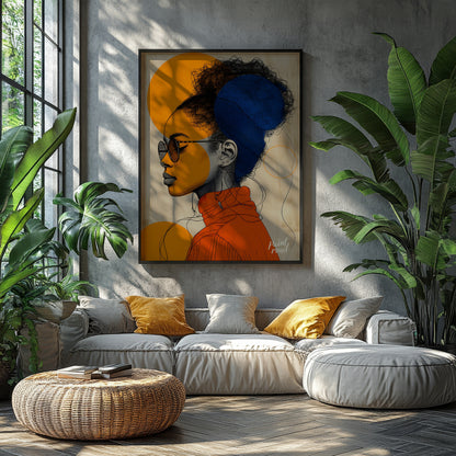 This visually striking digital illustration combines bold geometric shapes and intricate line work … for living room