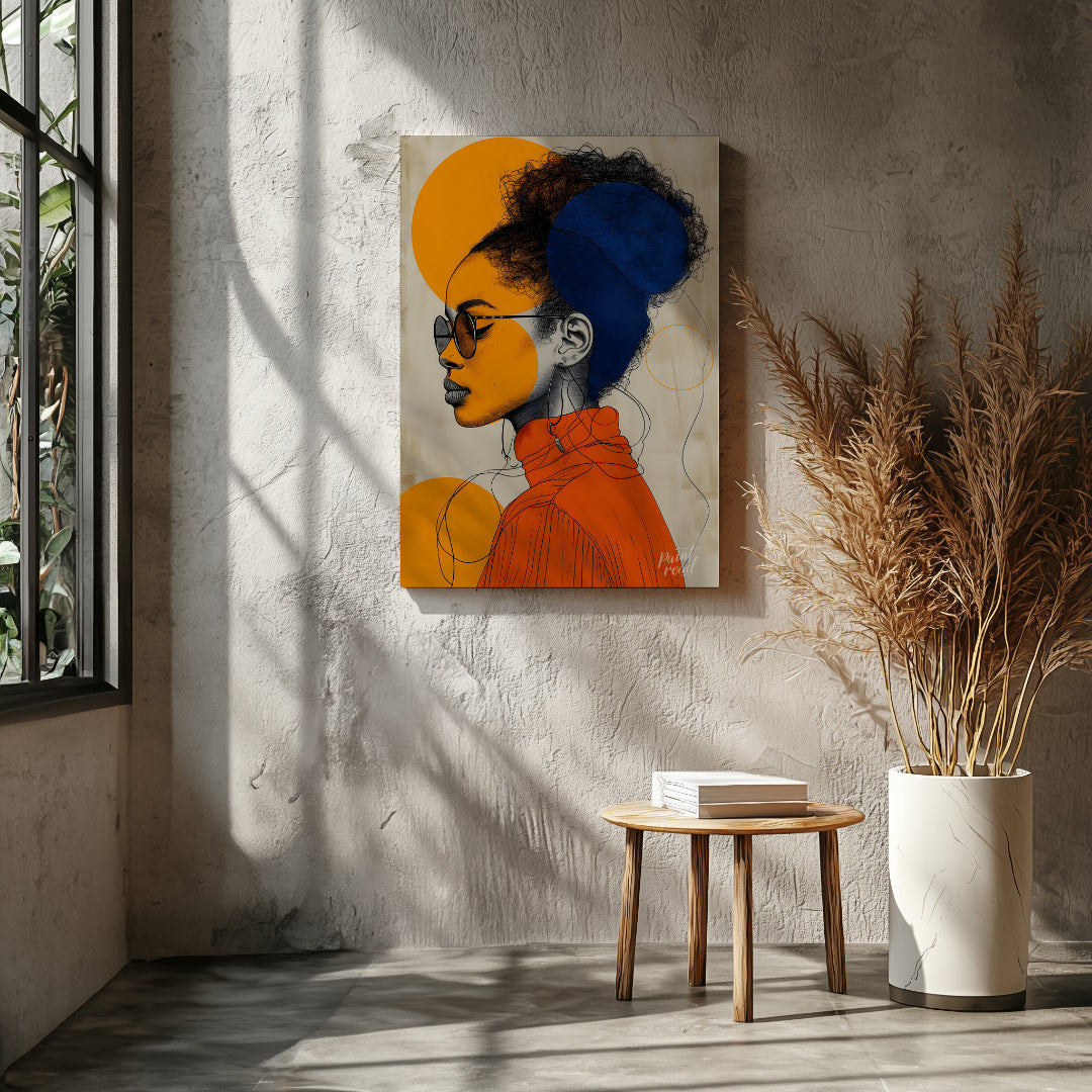 This visually striking digital illustration combines bold geometric shapes and intricate line work … for living room