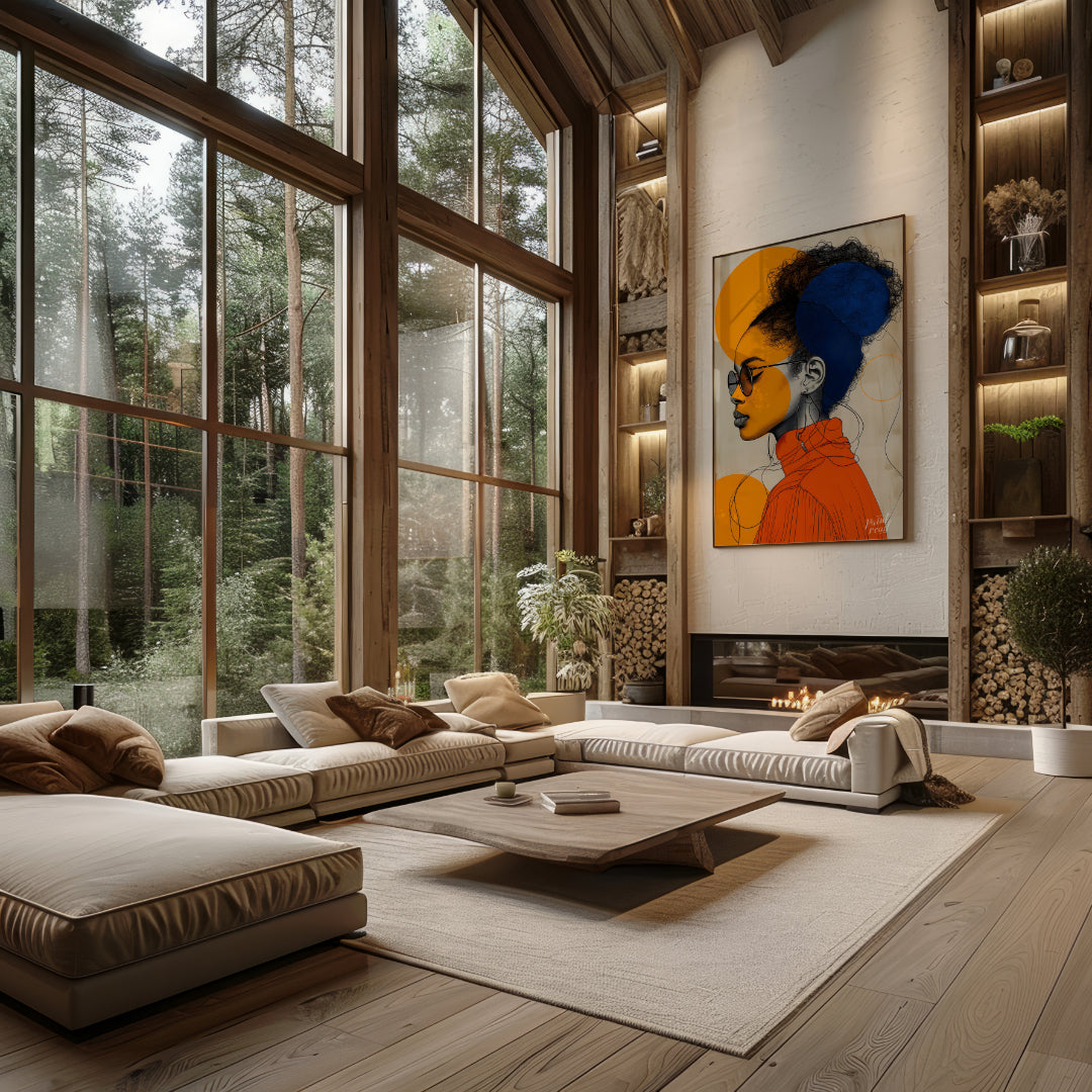 This visually striking digital illustration combines bold geometric shapes and intricate line work … for living room