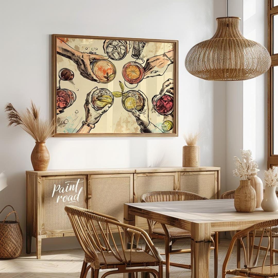 This captivating illustration showcases a top-down view of multiple hands holding various alcoholic… for dining room