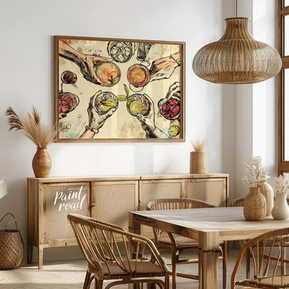This captivating illustration showcases a top-down view of multiple hands holding various alcoholic… for dining room