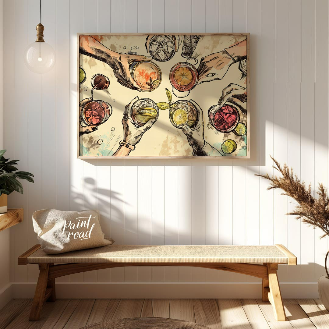 This captivating illustration showcases a top-down view of multiple hands holding various alcoholic… for entryway