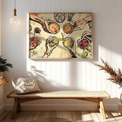 This captivating illustration showcases a top-down view of multiple hands holding various alcoholic… for entryway