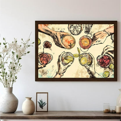 This captivating illustration showcases a top-down view of multiple hands holding various alcoholic… for living room