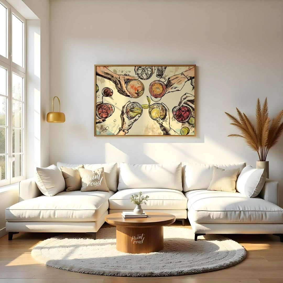 This captivating illustration showcases a top-down view of multiple hands holding various alcoholic… for living room