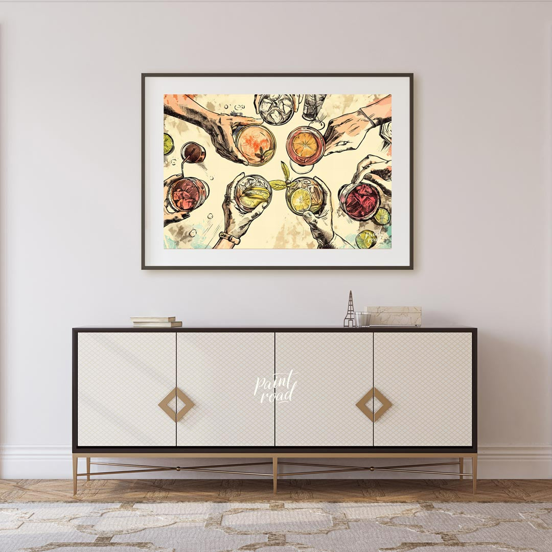 This captivating illustration showcases a top-down view of multiple hands holding various alcoholic… for living room