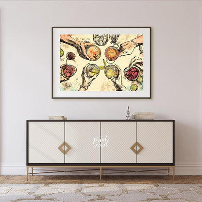 This captivating illustration showcases a top-down view of multiple hands holding various alcoholic… for living room