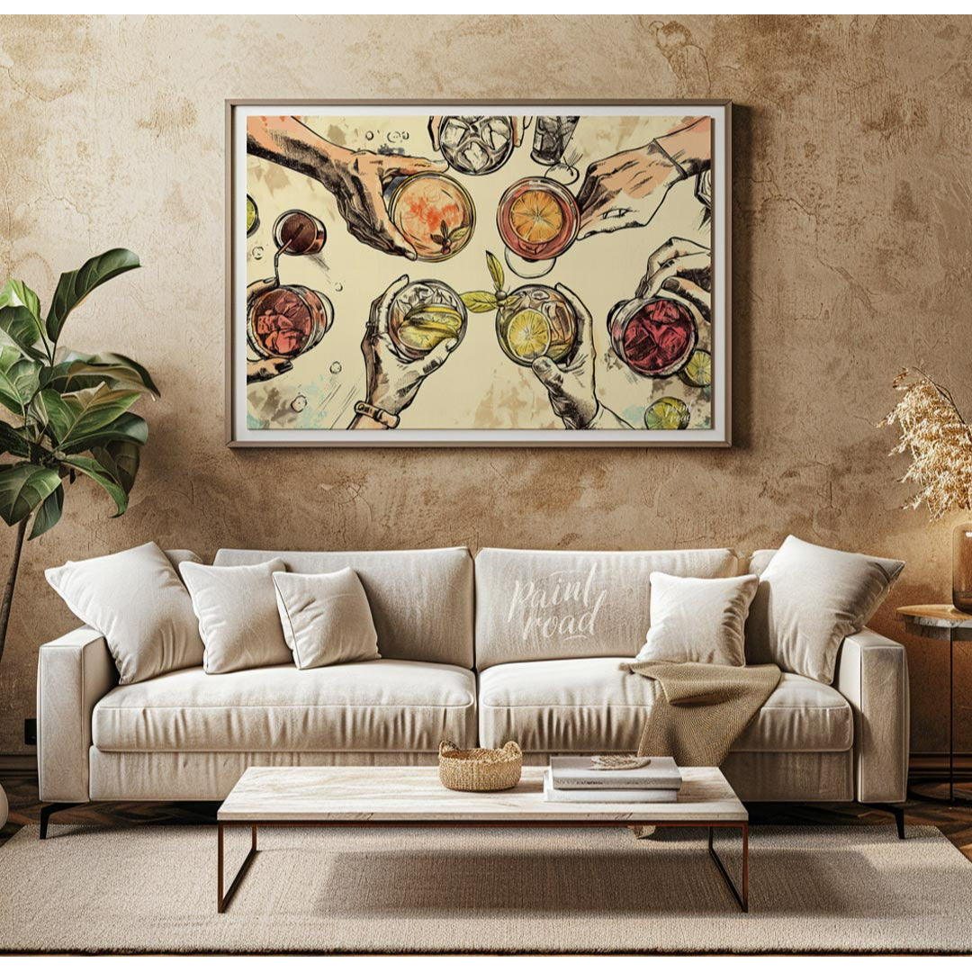 This captivating illustration showcases a top-down view of multiple hands holding various alcoholic… for living room