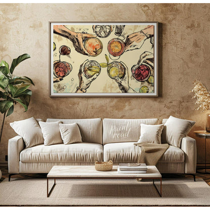 This captivating illustration showcases a top-down view of multiple hands holding various alcoholic… for living room