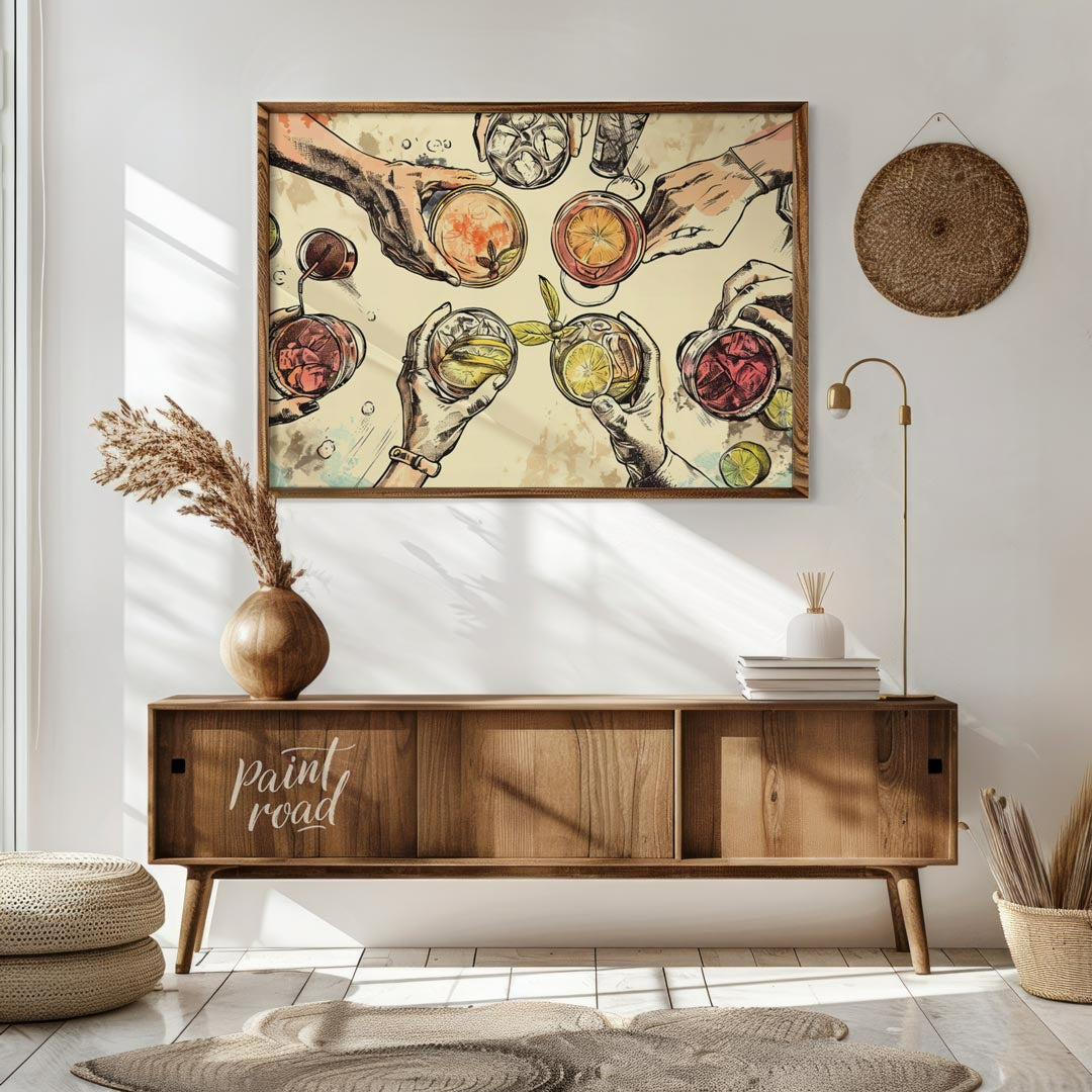 This captivating illustration showcases a top-down view of multiple hands holding various alcoholic… for living room