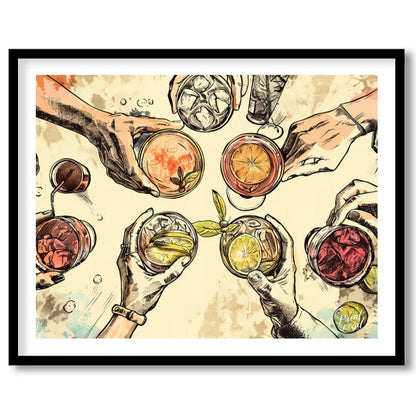 This captivating illustration showcases a top-down view of multiple hands holding various alcoholic… for sweet home