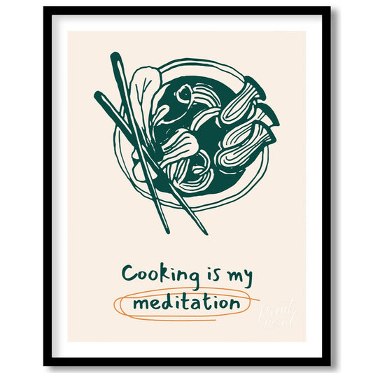 This charming illustration features a bowl of what appears to be a noodle dish with mushrooms and g… for house