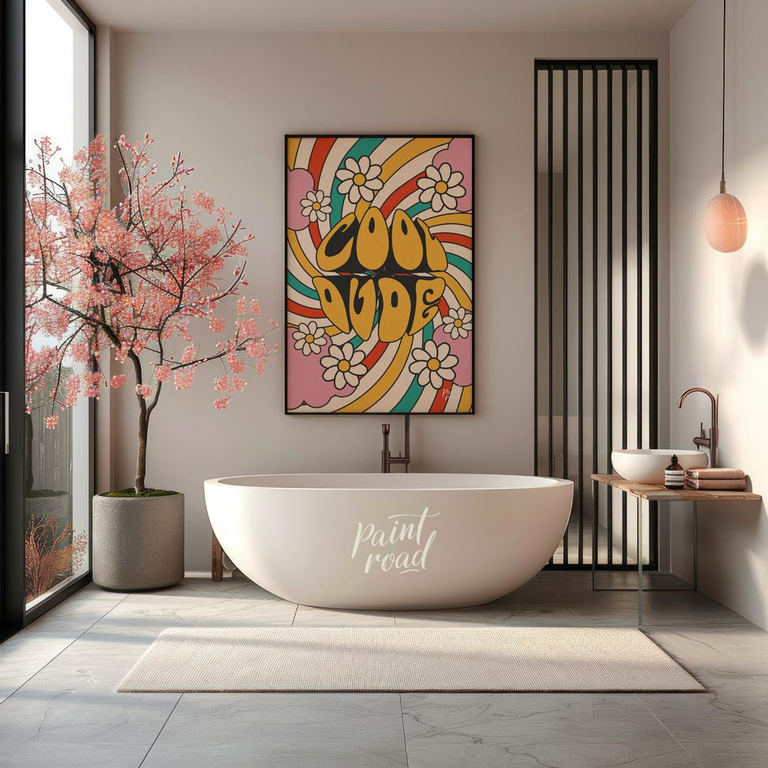 This groovy and vibrant poster embodies a true 1970s psychedelic aesthetic with its bold “COOL DUDE… for bathroom