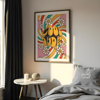 This groovy and vibrant poster embodies a true 1970s psychedelic aesthetic with its bold “COOL DUDE… for bedroom