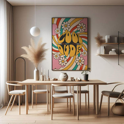 This groovy and vibrant poster embodies a true 1970s psychedelic aesthetic with its bold “COOL DUDE… for dining room