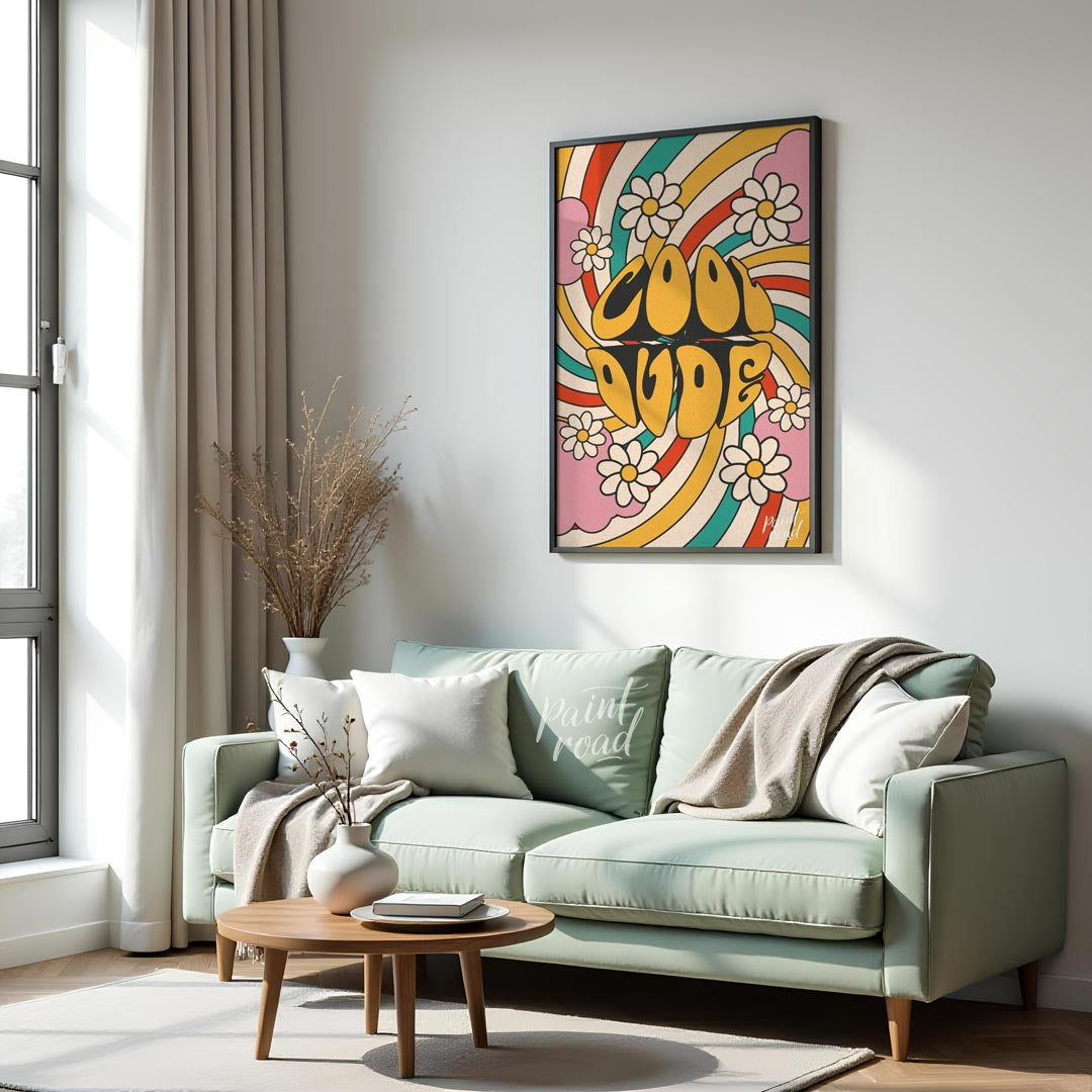 This groovy and vibrant poster embodies a true 1970s psychedelic aesthetic with its bold “COOL DUDE… for living room