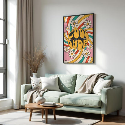 This groovy and vibrant poster embodies a true 1970s psychedelic aesthetic with its bold “COOL DUDE… for living room