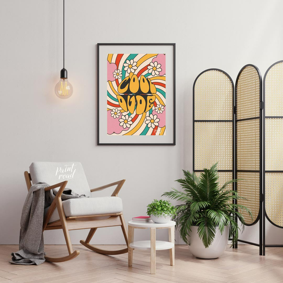 This groovy and vibrant poster embodies a true 1970s psychedelic aesthetic with its bold “COOL DUDE… for living room