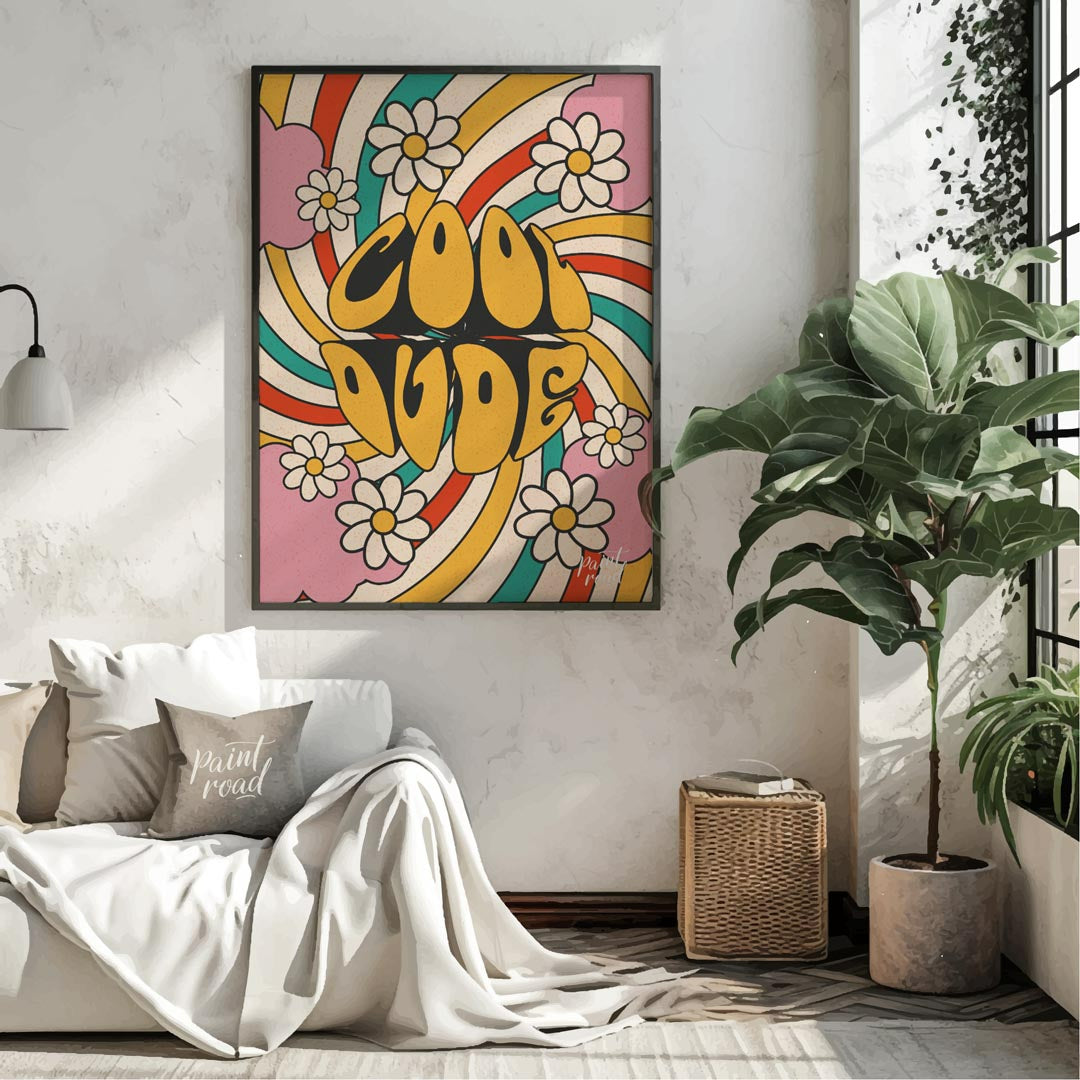 This groovy and vibrant poster embodies a true 1970s psychedelic aesthetic with its bold “COOL DUDE… for living room