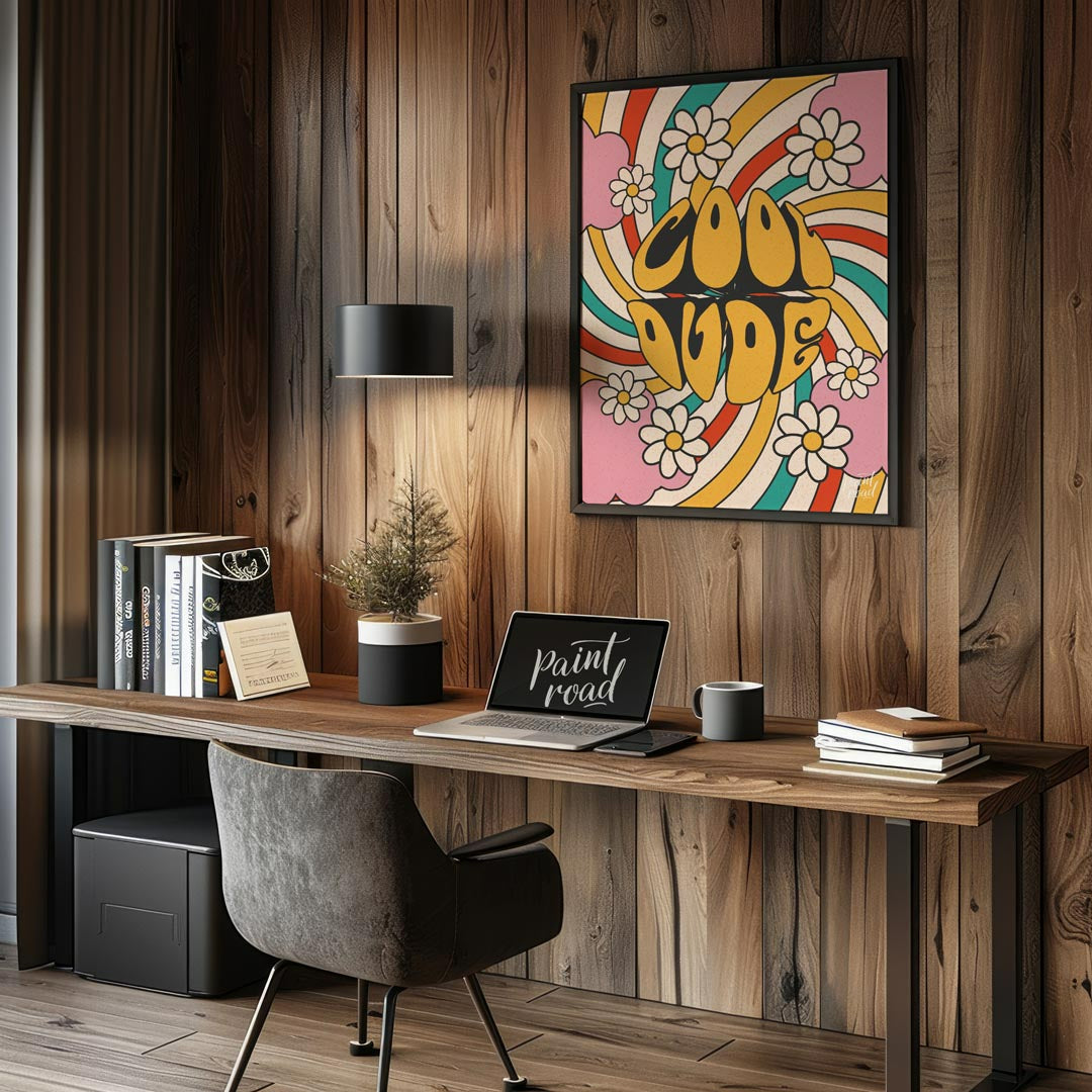 This groovy and vibrant poster embodies a true 1970s psychedelic aesthetic with its bold “COOL DUDE… for office