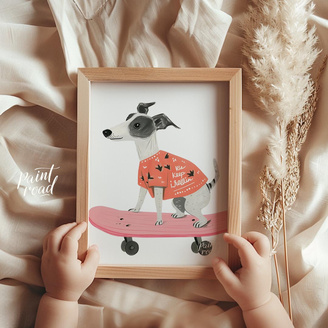 This vibrant and contemporary illustration captures the dynamic energy of a cool whippet or greyhou… for nursery